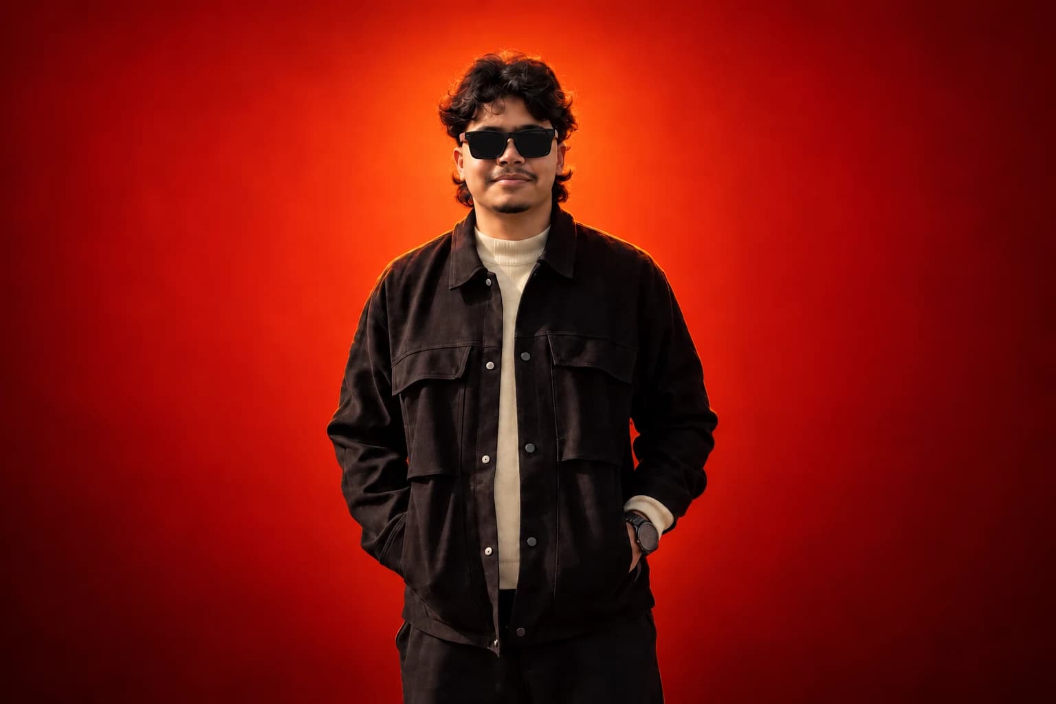 Bishant Rajbanshi in a black overshirt and sunglasses